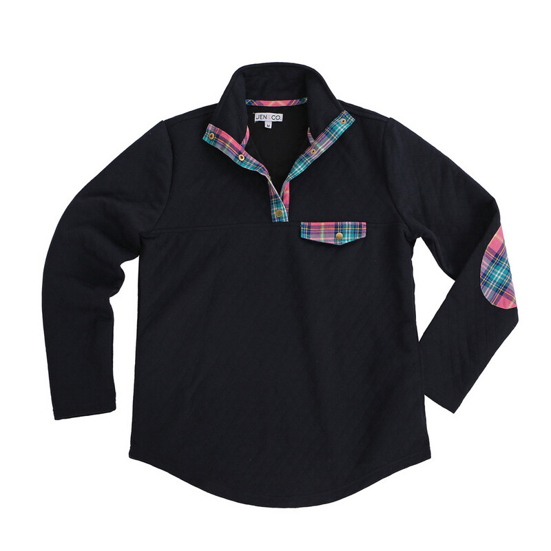 Quilted Snap Button Pullover Navy Plaid