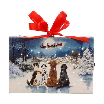 6" DOGS WATCHING SANTA LIGHTED PRINT ORNAMENT WITH EASEL BACK