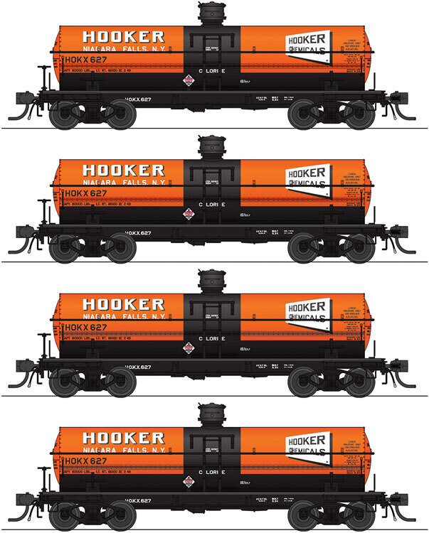@@6000-Gallon Tank Car 4-Pack - Ready to Run -- Hooker Chemicals #627, 629, 640, 642 (orange, black)