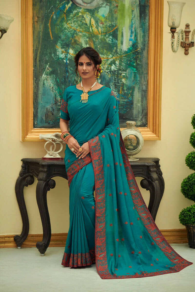 Vichitra Silk Sky Blue Embroidered Saree