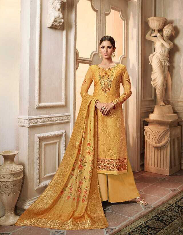 Attractive Yellow Dola Jacquard Print Sharara Suit