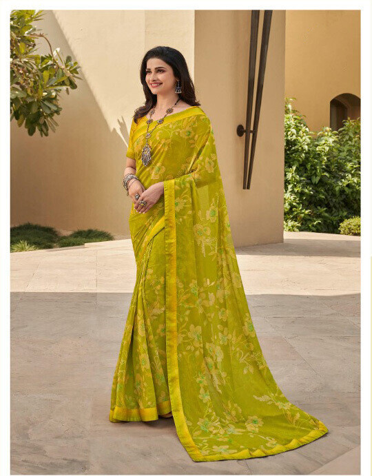 Printed Georgette Saree In Lime Green