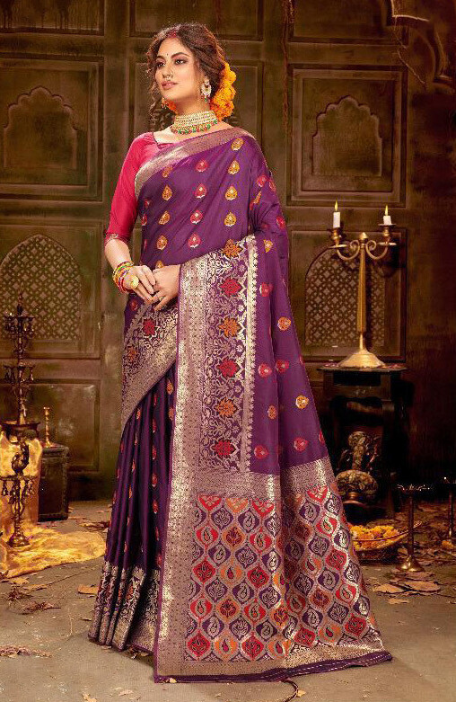 Jacquard Woven Banarasi Silk Saree In Purple