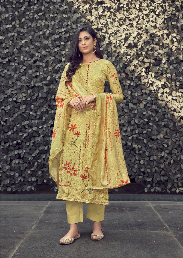 Embroidered Digital Print Pure Muslin Plazzo Suit In Yellow