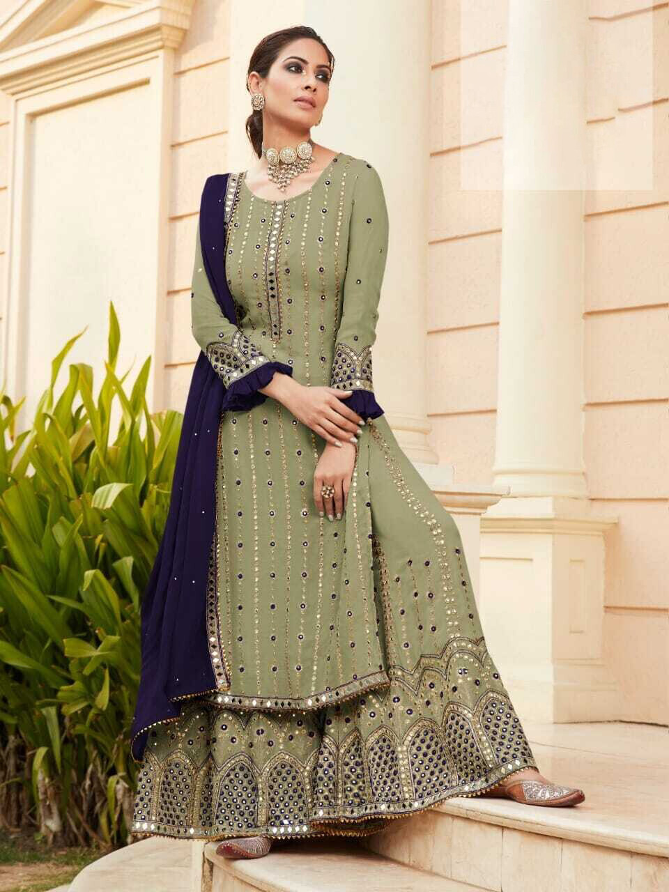 Diamond Mirror Work Embroidered Georgette Sharara Suit In Sea Green