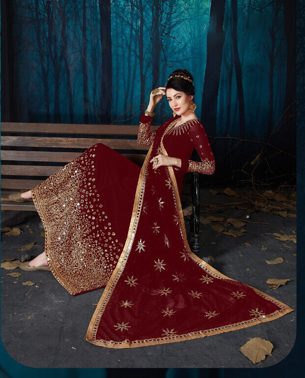 Heavy Embroidered Georgette Anarkali Suit In Deep Red