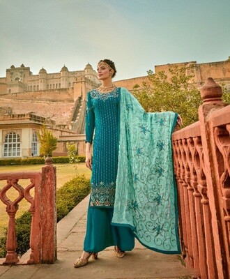 Faux Georgette Embroidered Sharara Suit In Blue