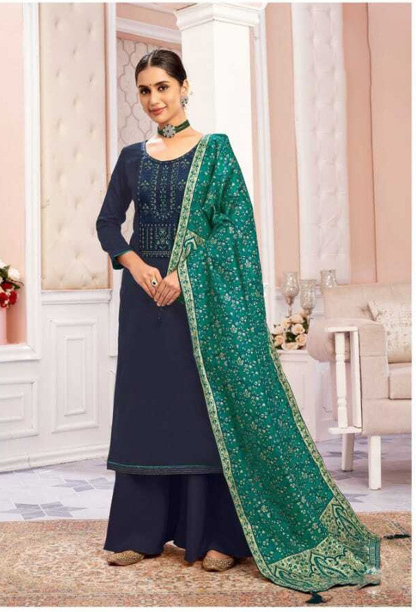 Embroidered Pure Zam Cotton Plazzo Suit In Navy Blue