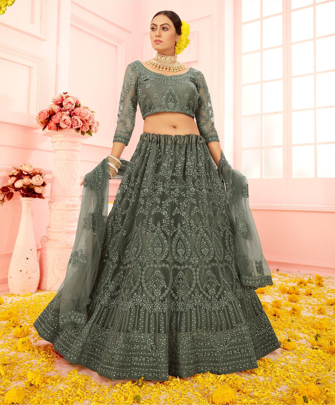 Embroidered Net Lehenga In Olive Green