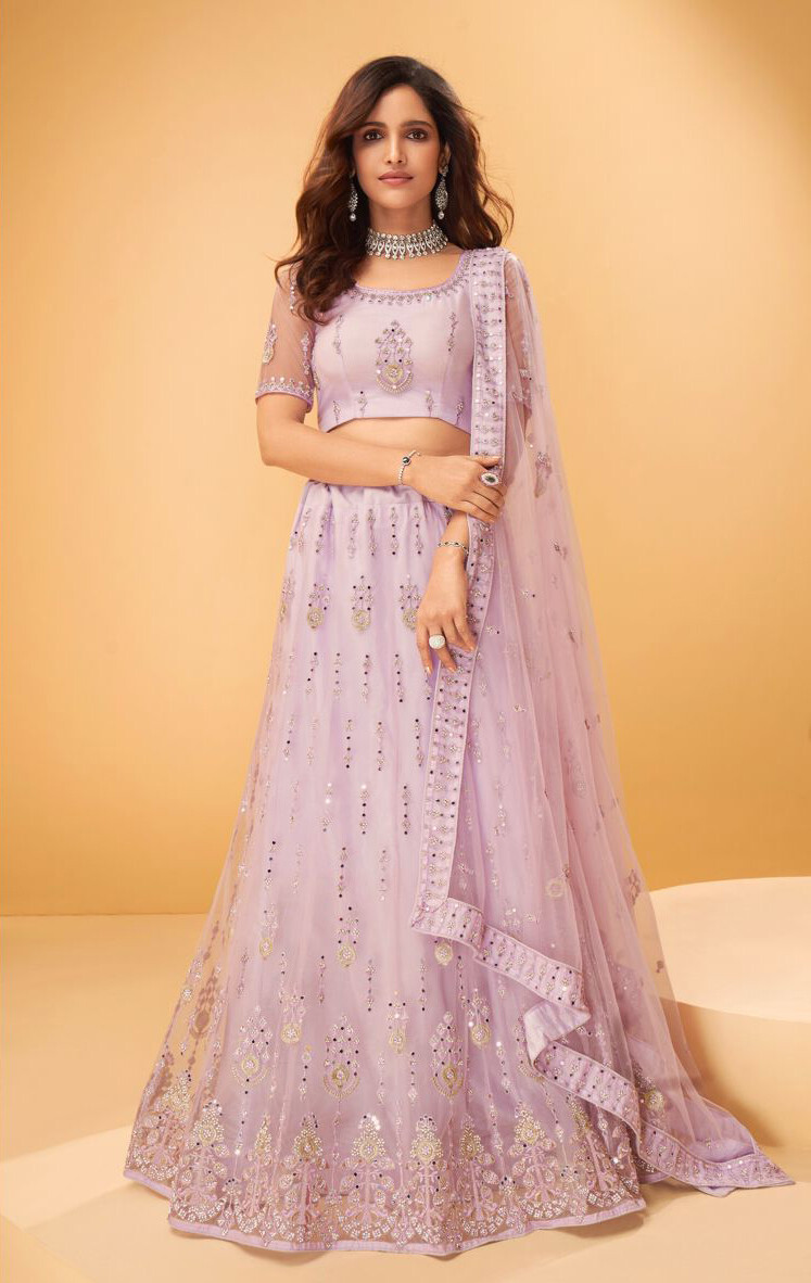 Thread Embroidered Mirror Work Lehenga In Baby Pink