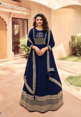 Embroidered Georgette Anarkali Suit In Navy Blue