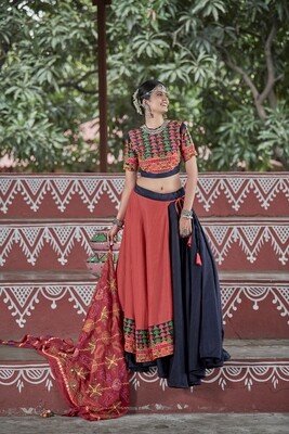 Resham Embroidered Soft Cotton Lehenga Choli In Red Black