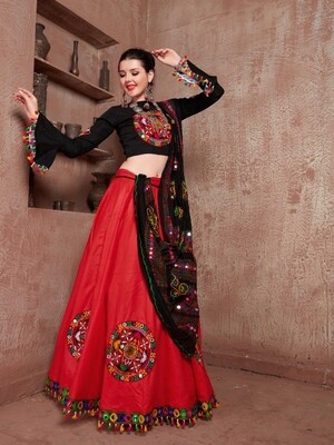 Embroidered Cotton Navratri Chaniya Choli In Black Red