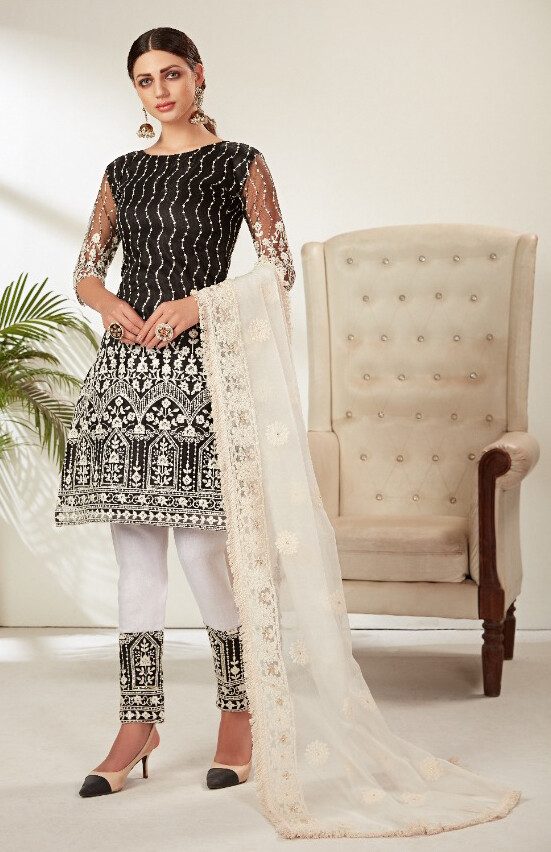 Heavy Embroidered Butterfly Net Pakistani Suit In Black