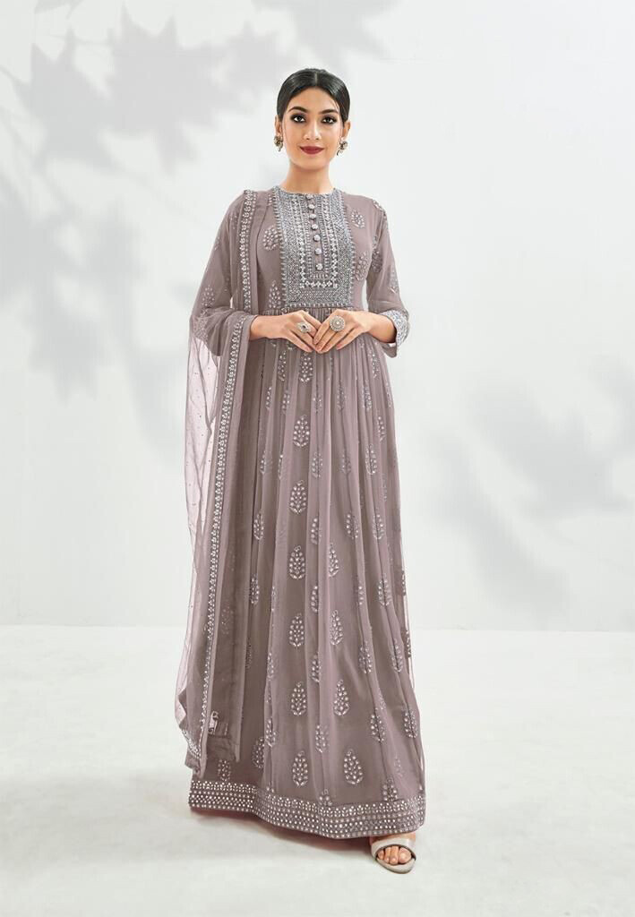 Festive Wear Georgette Gown With Embroidered In Grey