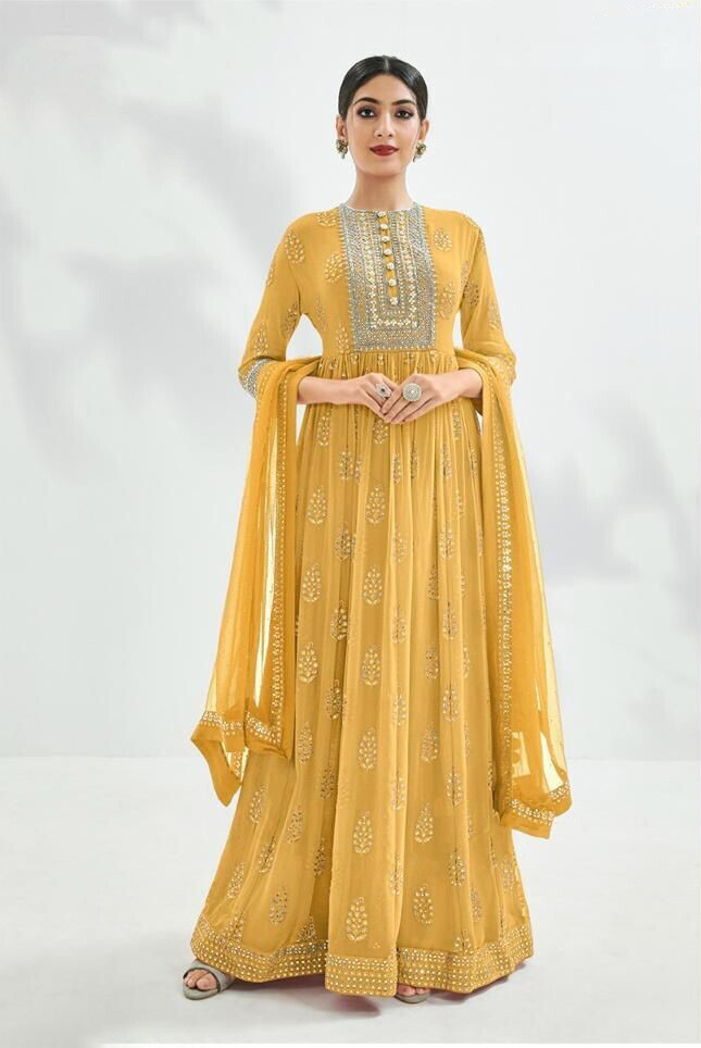 Festive Wear Georgette Gown With Embroidered In Yellow