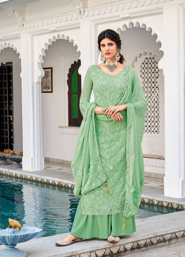 Party Wear Pista Color Plazzo Suit In Georgette With Heavy Embroidery