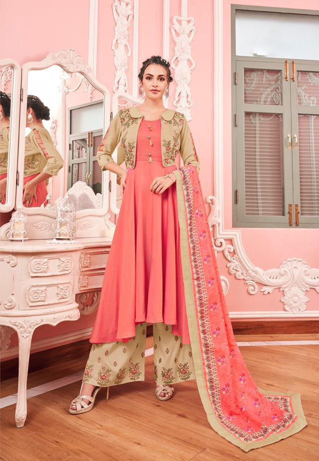 Heavy Embroidered Maslin Plazzo Suit In Pink Beige