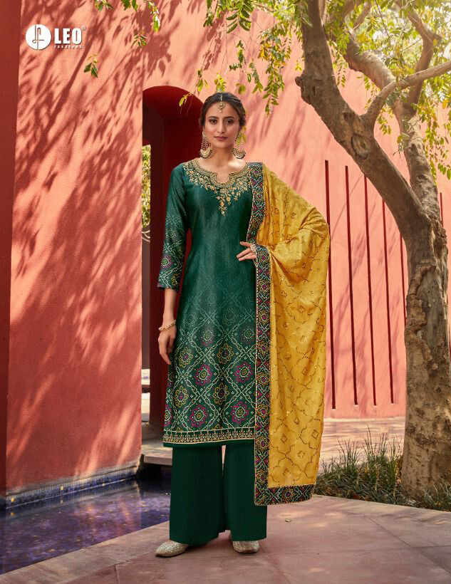 Satin Plazzo Suit With Digital Print Embroidered In Bottle Green Yellow
