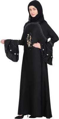Soft Nida Fabric (Abaya) Burkha For Girls With Stone And Flower Patch Work And Dupatta (Scarf) And Nosepcs (Black,Free Size) Poly Silk Self Design, Solid Burqa With Hijab  (Black)