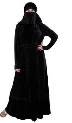 Women's Ready to Wear-Instant Velvet Embosed Lycra Abaya Burkha with Waist Belt/Scarf Hijab (BLACK-DN-591- 76) Lycra Blend Solid Abaya With Hijab  (Black)