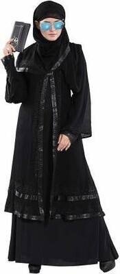 Women's Ready to Wear-Instant Velvet Embosed Lycra Abaya Burkha with Waist Belt/Scarf Hijab (BLACK-ZARI-PEARL-DN50-659) Lycra Blend Solid Abaya With Hijab  (Black)