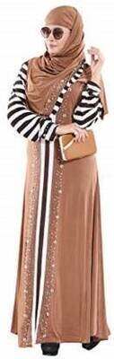 Women's Abaya Burkha with Waist Belt/Scarf Hijab-DN-49-Brown Chiffon Printed Burqa With Hijab  (Brown)