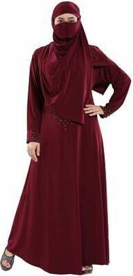 Ready to Wear-Instant Velvet Embosed Abaya Burkha with Hijab Lycra Blend Solid Abaya With Hijab  (Maroon)