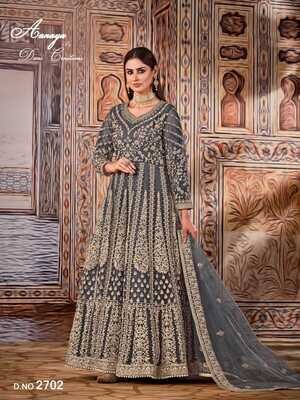 Wedding Wear Anarkali Suit Heavy Embroidered Net In Blue