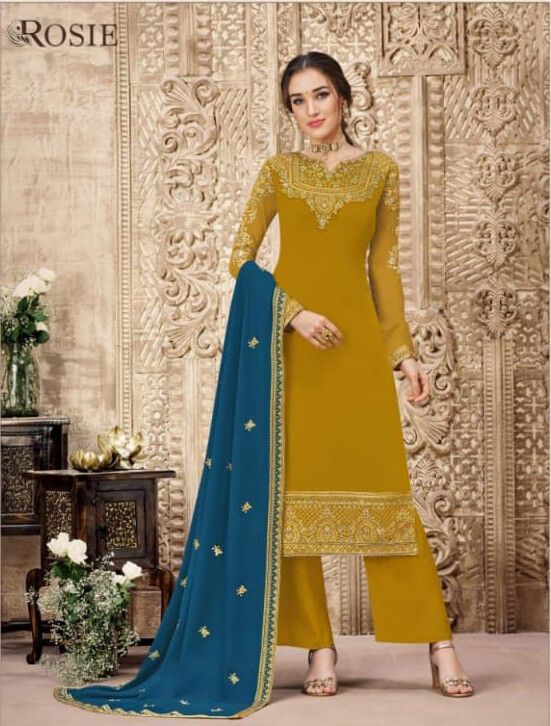 Wedding Wear Swiss Georgette Plazzo Suit With Embroidery In Mustard Yellow