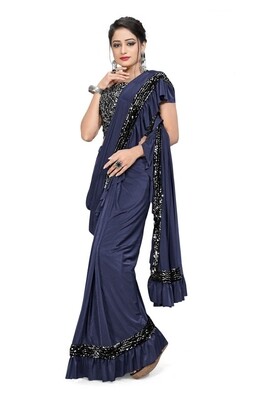 Ready To Wear Imported Lycra Saree In Navy Blue