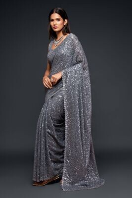 Bridesmaid Wear Saree With Thread Sequind Embroidery In Grey