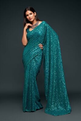 Bridesmaid Wear Saree With Thread Sequind Embroidery In Teal Blue