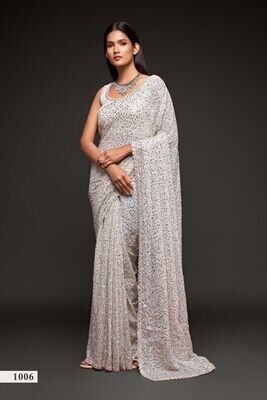Bridesmaid Wear Saree With Thread Sequind Embroidery In White
