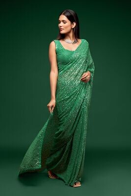 Bridesmaid Wear Saree With Thread Sequind Embroidery In Green