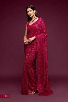 Bridesmaid Wear Saree With Thread Sequind Embroidery In Rani