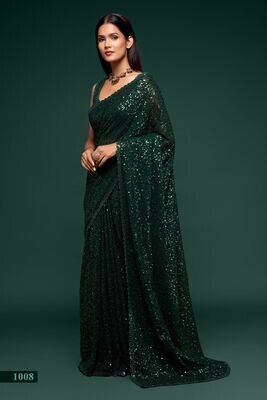 Bridesmaid Wear Saree With Thread Sequind Embroidery In Dark Green