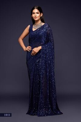 Bridesmaid Wear Saree With Thread Sequind Embroidery In Navy Blue