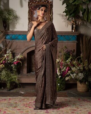 Elegant Party Wear Thread Zari Dola Silk Saree In Pecan Brown