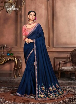 Diwali Special Saree With Embroidered Dola Silk In Navy Blue