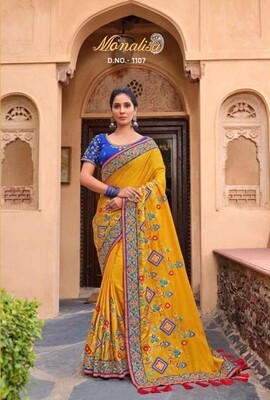 Embroidered Silk Diwali Special Saree In Yellow Blue