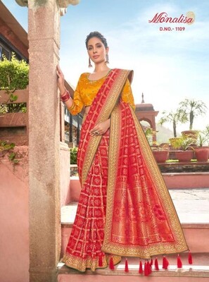 Embroidered Silk Diwali Special Saree In Red Yellow