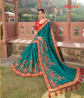 Embroidered Silk Diwali Special Saree In Torquoise Blue
