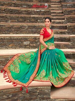 Embroidered Silk Diwali Special Saree In Green Red