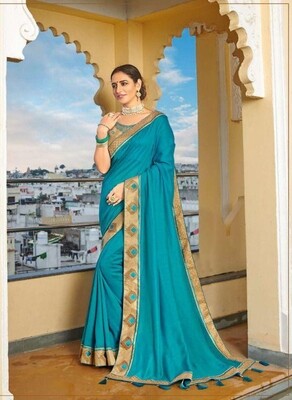 Embroidered Heavy Blooming Festive Special Saree In Torquoise Blue