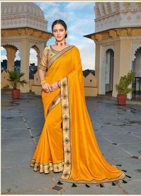 Embroidered Heavy Blooming Festive Special Saree In Yellow