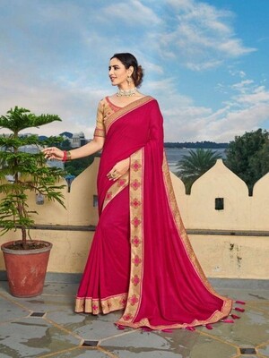 Embroidered Heavy Blooming Festive Special Saree In Hot Pink