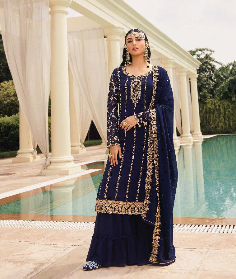 Heavy Georgette Embroidered Sharara Suit In Navy Blue