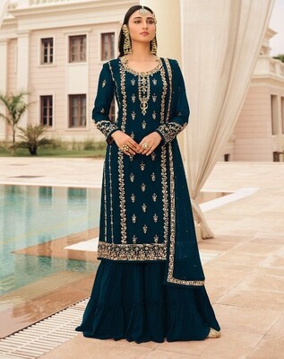 Heavy Georgette Embroidered Sharara Suit In Prussian Blue