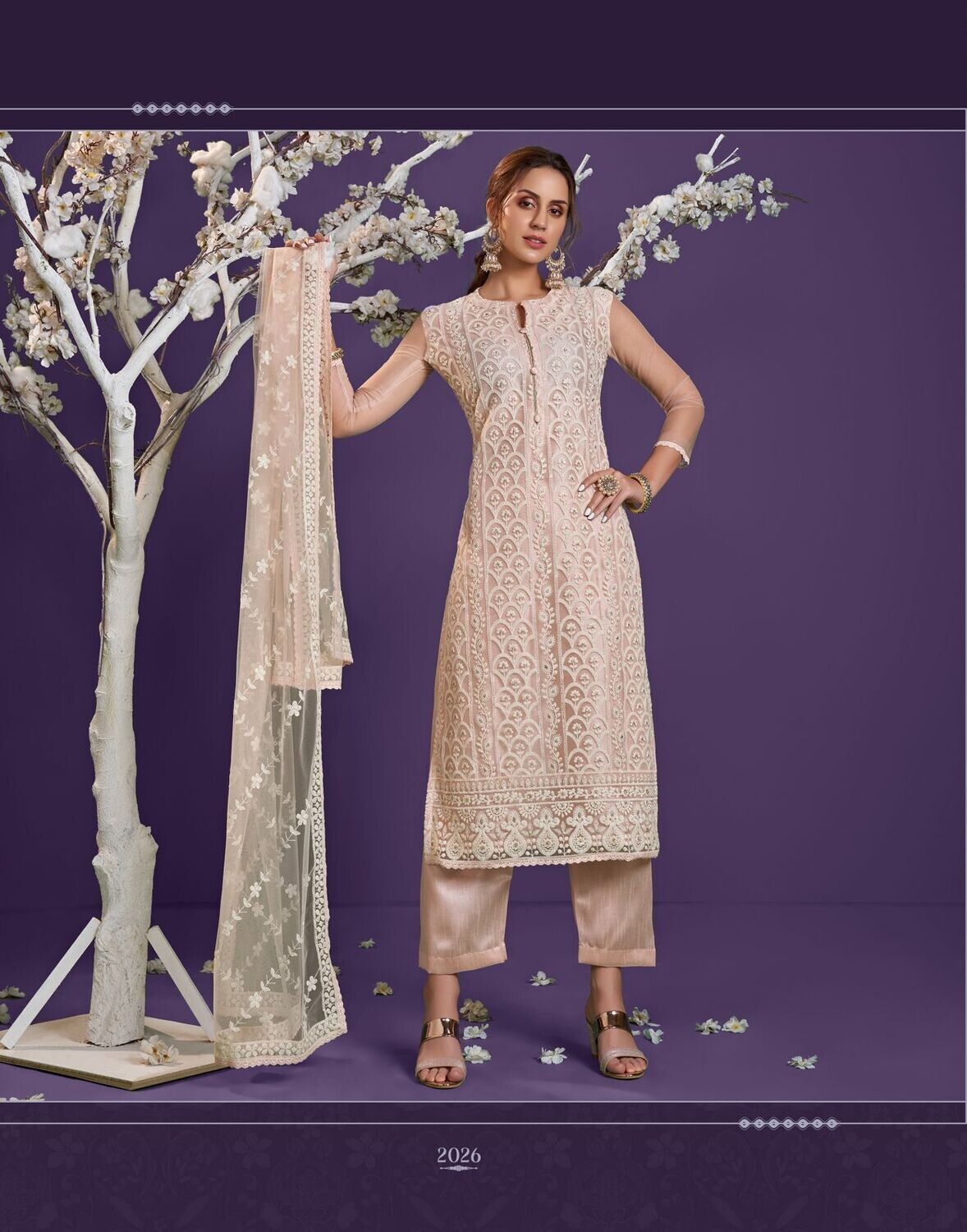 Cotton Thread Embroidered Net Pant Suit In Cream